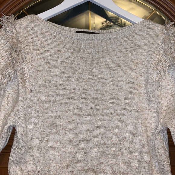 Ann Taylor Beige & Metallic Gold Shimmer Fringe Detail Puff Sleeve Sweater - Picture 8 of 16